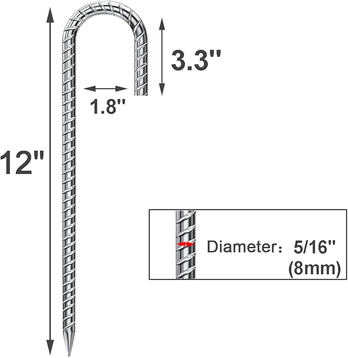 Rebar Stakes 12 Inch 16 Pack Tent Stakes Heavy Duty Metal J Hook, Fence Stakes for Trampoline, Fence, Camping Tent (16, J-12 x5/16)