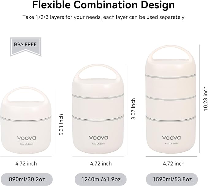 Voova Stackable Stainless Steel Thermal Lunch Box with Lunch Bag and Cultery Set for Adult Women Men, 3 Tier Leakproof All-in-One Insulated Bento Boxes Food Container for Work, Beige