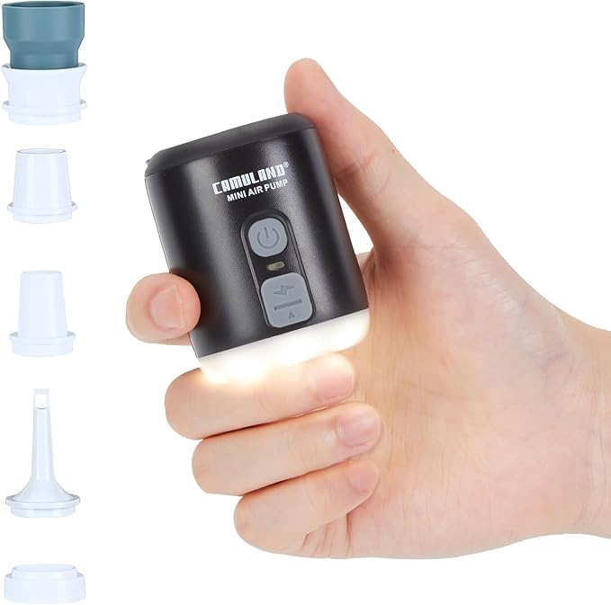 CAMULAND Mini Air Pump with Magnetic Design Camping Lantern Electric Pump for Inflatables with 1400mAh Battery Rechargeable for Air Mattress, Pool Floats,Vacuum Storage Bag