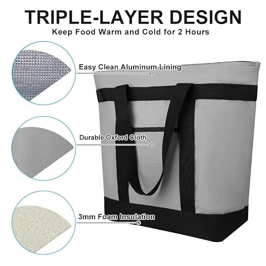 Insulated Reusable Tote Bag for Grocery Shopping for Women/Men, Pizza/Food Delivery Bag to Keep Food Cold/Hot for Uber Eats/Doordash/Grubub, Cooler bags for Travel/Beach/Picnic, Grey
