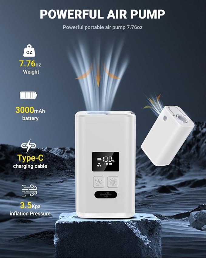 OMQ Portable Air Pump for Inflatables,Electric Air Mattress Pump with Camping Lantern & LED Display, Mini Air Pump 2X Quick Inflate Deflate for Pool Floats, Vacuum Storage Bags