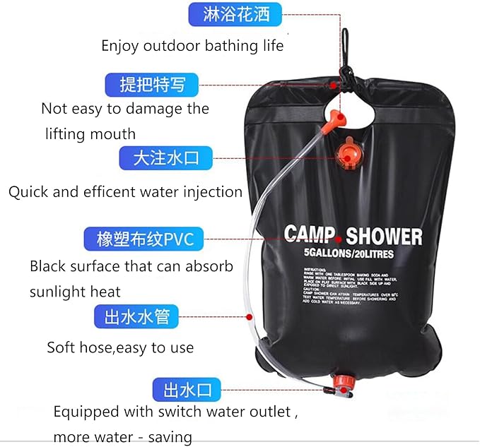 PVC Outdoor Shower Bag 20L Outdoor toiletries Camping Shower Solar hot Water Bag Shower Water Bag can be Used for Hiking, Camping, and Fishing