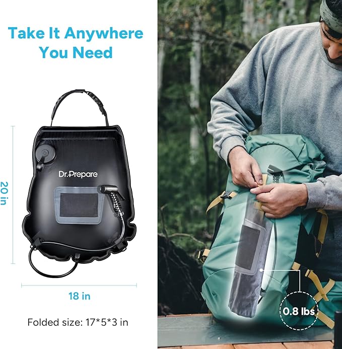 DR.PREPARE Camping Shower Bag, 15L Solar Camp Showers for Travelling Hiking Trip Beach w/On-Off Switchable Shower Head