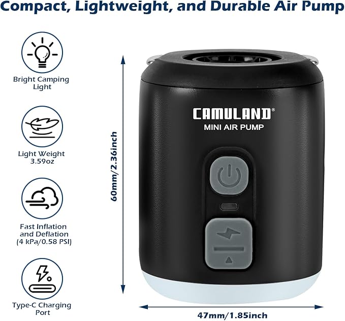 CAMULAND Mini Air Pump with Magnetic Design Camping Lantern Electric Pump for Inflatables with 1400mAh Battery Rechargeable for Air Mattress, Pool Floats,Vacuum Storage Bag