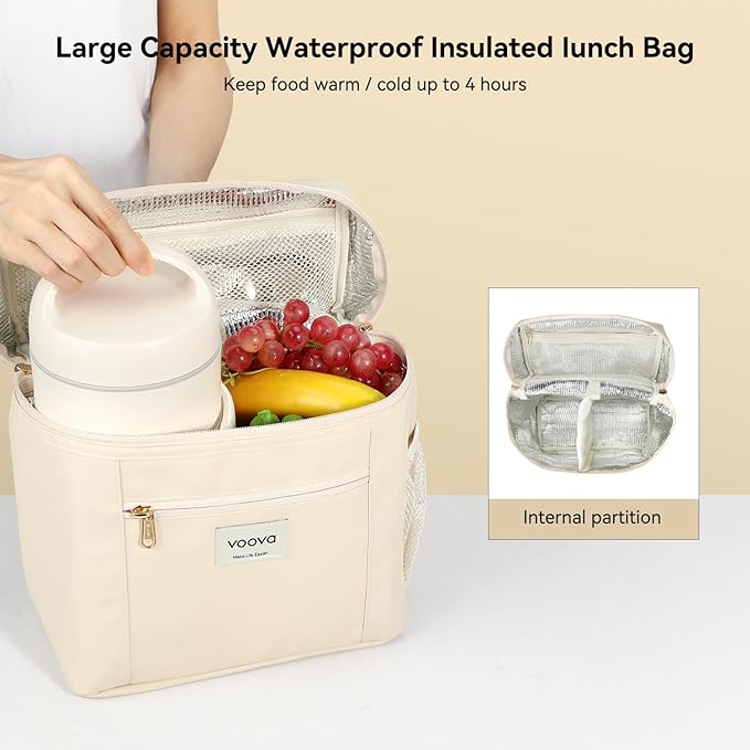 Voova Stackable Stainless Steel Thermal Lunch Box with Lunch Bag and Cultery Set for Adult Women Men, 3 Tier Leakproof All-in-One Insulated Bento Boxes Food Container for Work, Beige