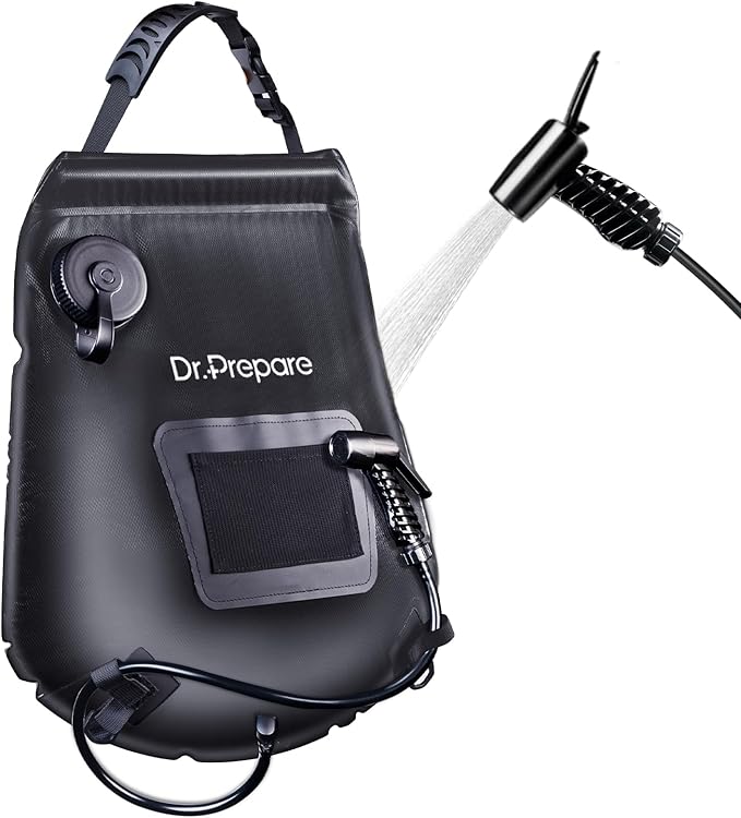 DR.PREPARE Camping Shower Bag, 15L Solar Camp Showers for Travelling Hiking Trip Beach w/On-Off Switchable Shower Head