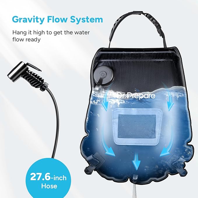 DR.PREPARE Camping Shower Bag, 15L Solar Camp Showers for Travelling Hiking Trip Beach w/On-Off Switchable Shower Head