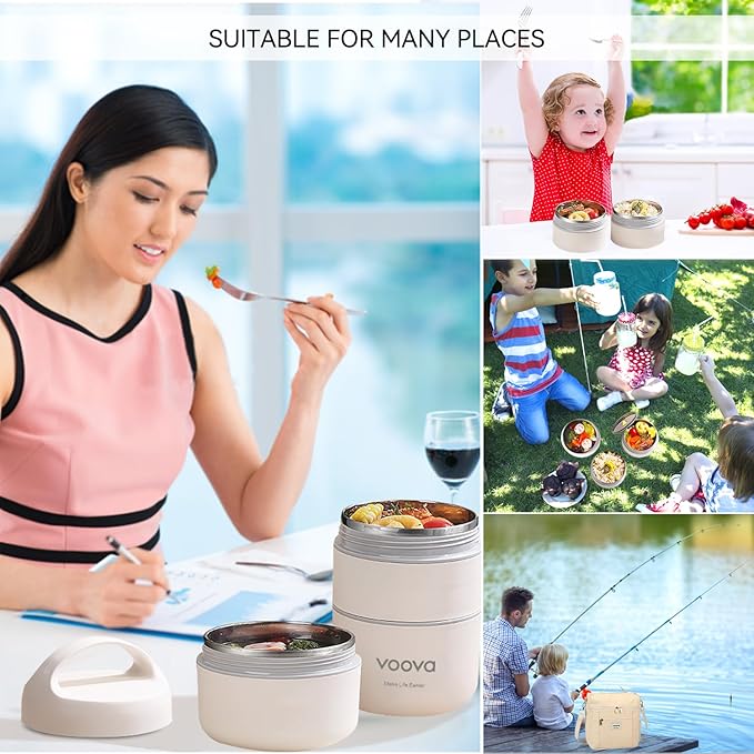 Voova Stackable Stainless Steel Thermal Lunch Box with Lunch Bag and Cultery Set for Adult Women Men, 3 Tier Leakproof All-in-One Insulated Bento Boxes Food Container for Work, Beige
