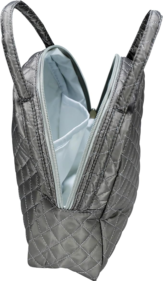 Machine Washable Women Quilted Fabric Insulated Reusable Cooler Lunch Bag Tote Adult Thermal Lunch Box Storage Bag for Work (Grey)