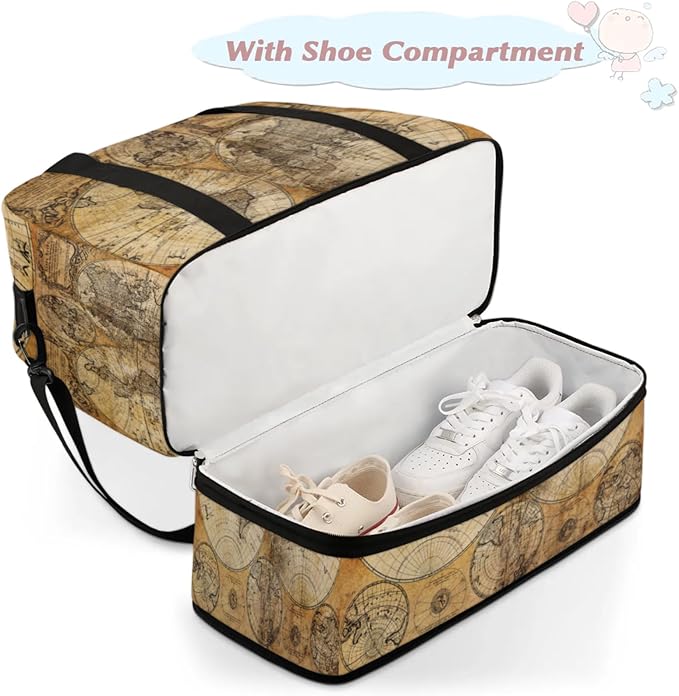 World Map Foldable Travel Duffel Bag, Expandable Sports Gym Bag with Shoes Compartment Weekender Overnight Totes Bags for Women Men