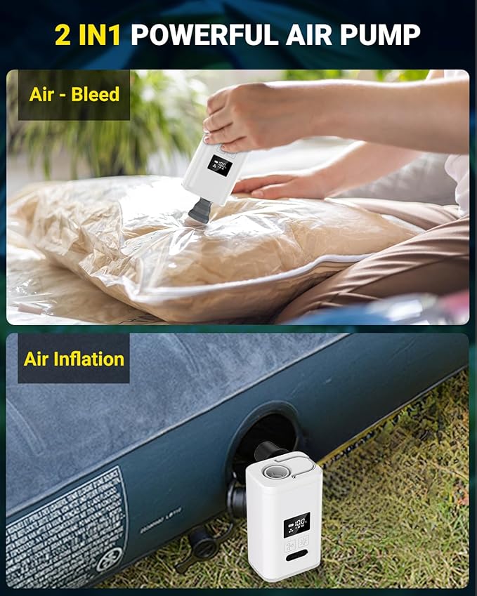 OMQ Portable Air Pump for Inflatables,Electric Air Mattress Pump with Camping Lantern & LED Display, Mini Air Pump 2X Quick Inflate Deflate for Pool Floats, Vacuum Storage Bags