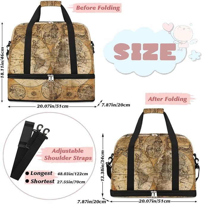 World Map Foldable Travel Duffel Bag, Expandable Sports Gym Bag with Shoes Compartment Weekender Overnight Totes Bags for Women Men