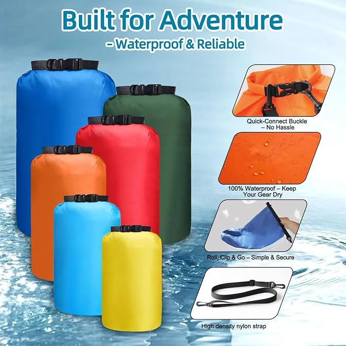 6 Pcs Dry Bags Waterproof,Lightweight dry bags for kayaking waterproof,Multi-Size Outdoor dry sack Waterproof Bag for Boating, Beach, Hiking(3L,5L,8L,12L,15L,25L)