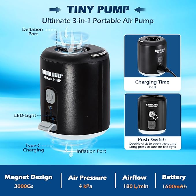 CAMULAND Mini Air Pump with Magnetic Design Camping Lantern Electric Pump for Inflatables with 1400mAh Battery Rechargeable for Air Mattress, Pool Floats,Vacuum Storage Bag