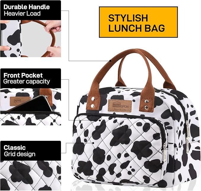 Buringer HOMESPON Lunch Bag for Woman Man Adults with Front Pocket Insulated Lunch Tote Lunch Box Container for Work Picnic or Travel(Cow)