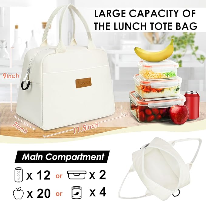 LOKASS Lunch Bag for Women-Insulated Adults Lunch Box with Front Pocket- Small Cute Lunch Tote for Work-Reusable Cooler Bag for Office Picnic Beach or Travel(White)