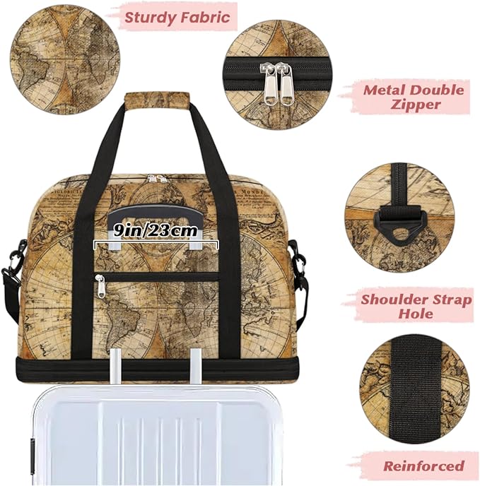 World Map Foldable Travel Duffel Bag, Expandable Sports Gym Bag with Shoes Compartment Weekender Overnight Totes Bags for Women Men