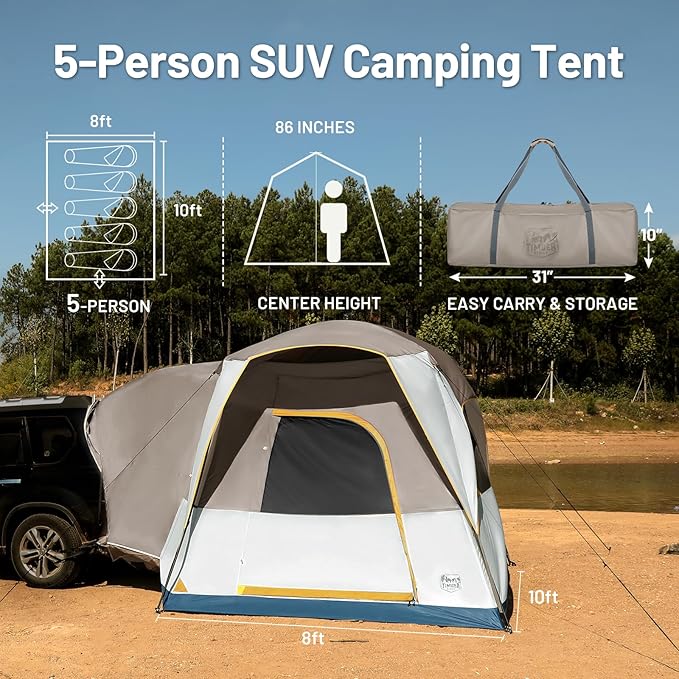 TIMBER RIDGE 5 Person SUV Tent with Movie Screen Weather Resistant Portable for Car SUV Van Camping, Includes Rainfly and Storage Bag, 10' W X 8' L X 7.1' H Khaki
