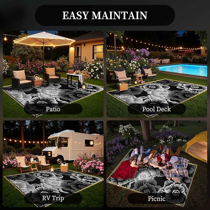 MontVoo Outdoor Rug with Led String Strip Lights 8x10ft Waterproof Outdoor Patio Rug Mat Reversible Plastic Straw Rug Outside Outdoor Rug for RV Camping Picnic Balcony Backyard Fairy Outdoor Decor
