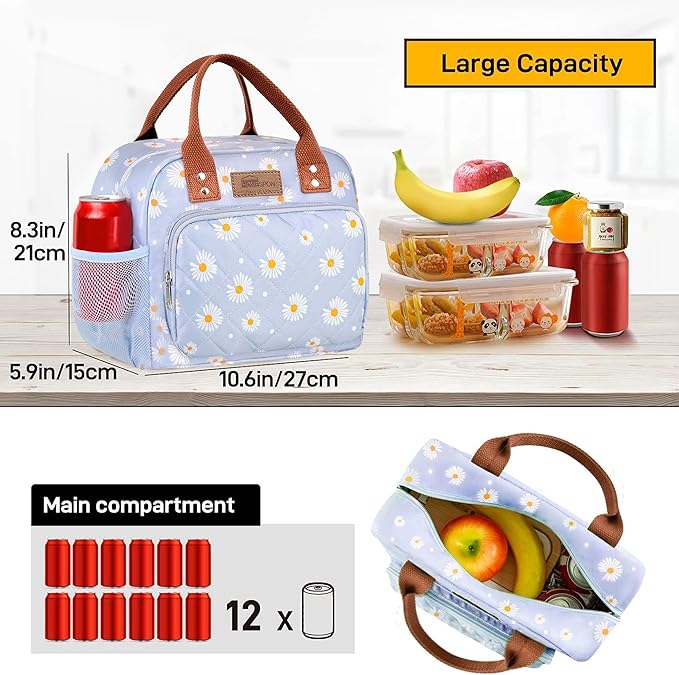 Buringer HOMESPON Lunch Bag for Woman Man Adults with Front Pocket Insulated Lunch Tote Lunch Box Container for Work Picnic or Travel(Blue Daisy)