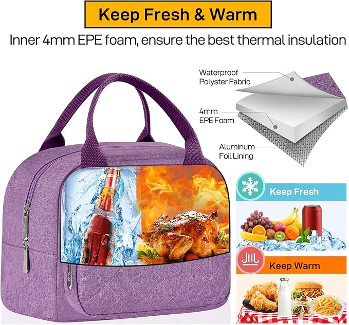 Buringer HOMESPON Lunch Bag for Woman Man Adults with Front Pocket Insulated Lunch Tote Lunch Box Container for Work Picnic or Travel(Purple)