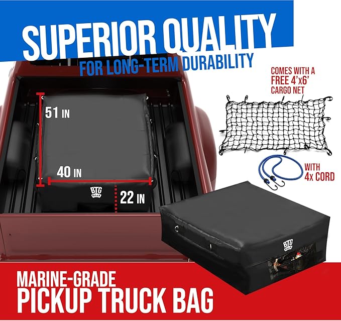 Pickup Truck Cargo/Storage Bag in Black w/Cargo Net, 51”x 40”, 100% Waterproof with Front Pocket for Luggage/Camping