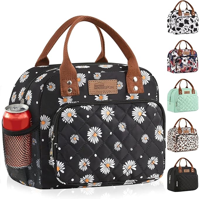 Buringer HOMESPON Lunch Bag for Woman Man Adults with Front Pocket Insulated Lunch Tote Lunch Box Container for Work Picnic or Travel(Daisy with Side Pockets)