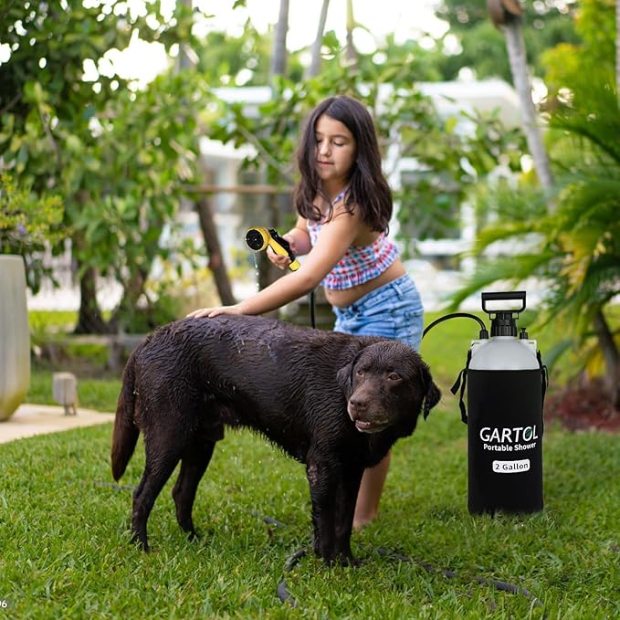 Gartol 2 Gallon Portable Shower with Handheld Showerhead, Silicone Bath Massage Brush, and Thermal Insulation Bag, High-Pressure Camping, Surf, Dog Shower Sprayer