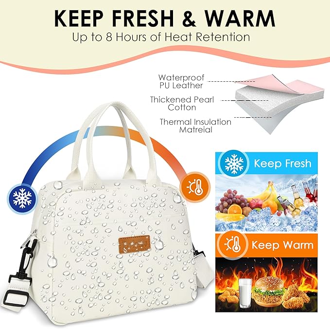 LOKASS Lunch Bag for Women-Insulated Adults Lunch Box with Front Pocket- Small Cute Lunch Tote for Work-Reusable Cooler Bag for Office Picnic Beach or Travel(White)