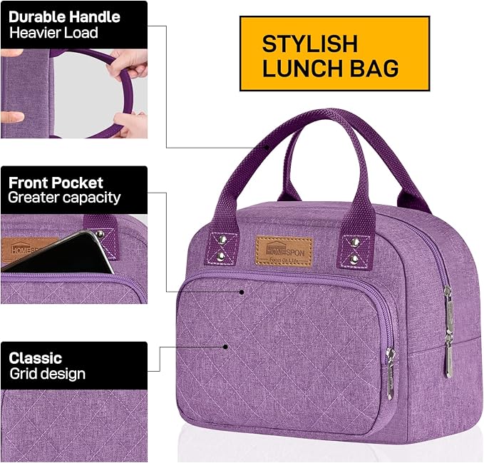 Buringer HOMESPON Lunch Bag for Woman Man Adults with Front Pocket Insulated Lunch Tote Lunch Box Container for Work Picnic or Travel(Purple)
