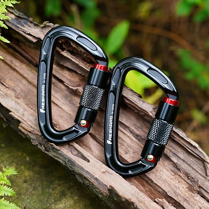 FresKaro UIAA Certified 25KN Auto Locking Climbing Carabiner Clips, Twist Lock, and Heavy Duty Carabiners for Rock Climbing, Rappelling, and Mountaineering, D Shaped 3.93 Inch, Large Size, Black