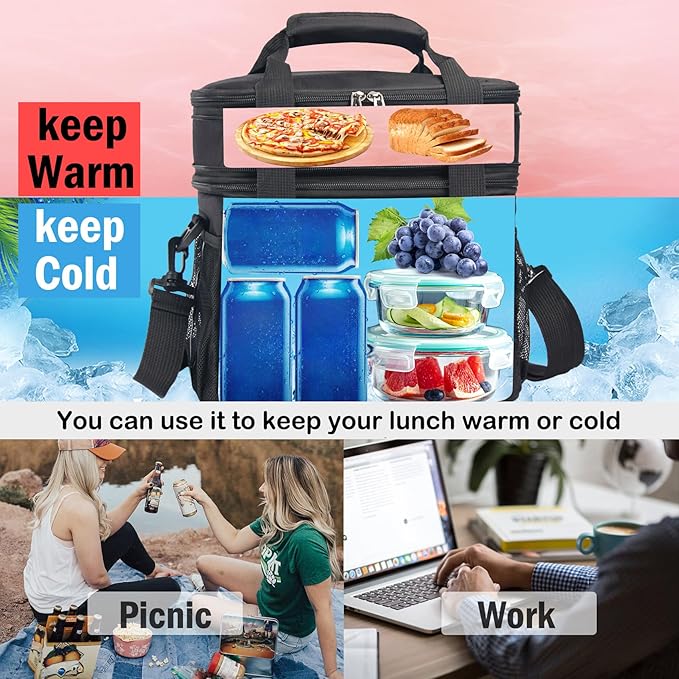 Lunch Box For Men/Women,Large Double-layer Insulated Expandable Reusable Leakproof Cooler Bags For Adults,Lunch Bag With Adjustable Shoulder Strap For Office Travel Picnic(Pink)