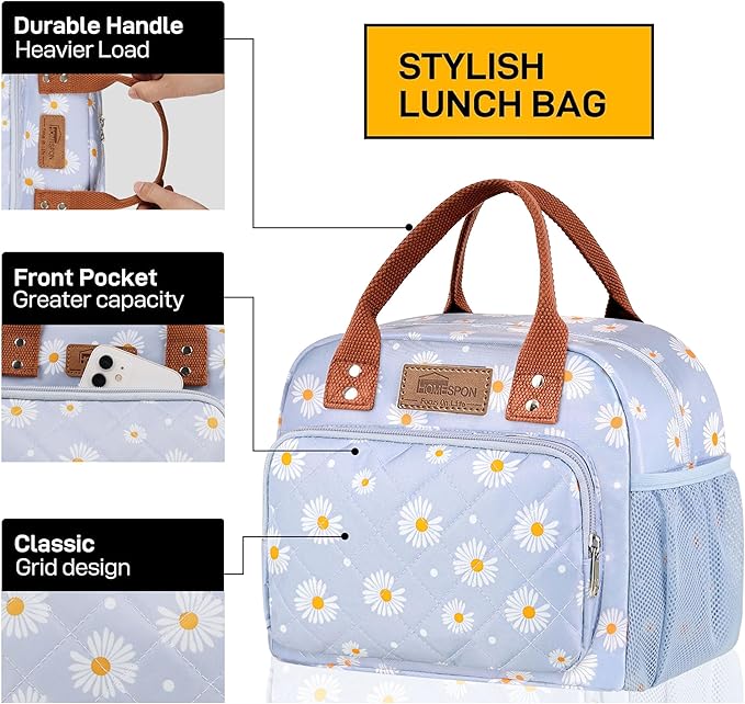 Buringer HOMESPON Lunch Bag for Woman Man Adults with Front Pocket Insulated Lunch Tote Lunch Box Container for Work Picnic or Travel(Blue Daisy)