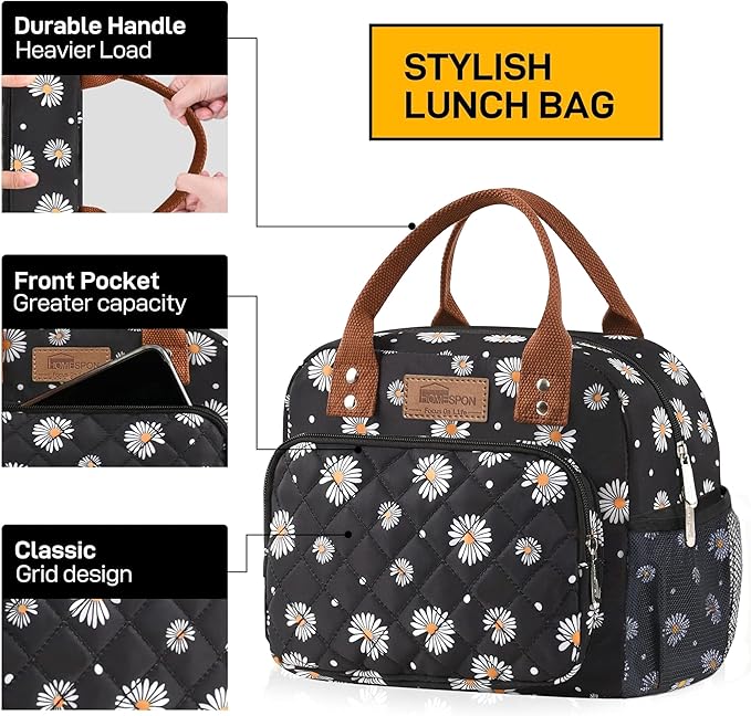 Buringer HOMESPON Lunch Bag for Woman Man Adults with Front Pocket Insulated Lunch Tote Lunch Box Container for Work Picnic or Travel(Daisy with Side Pockets)