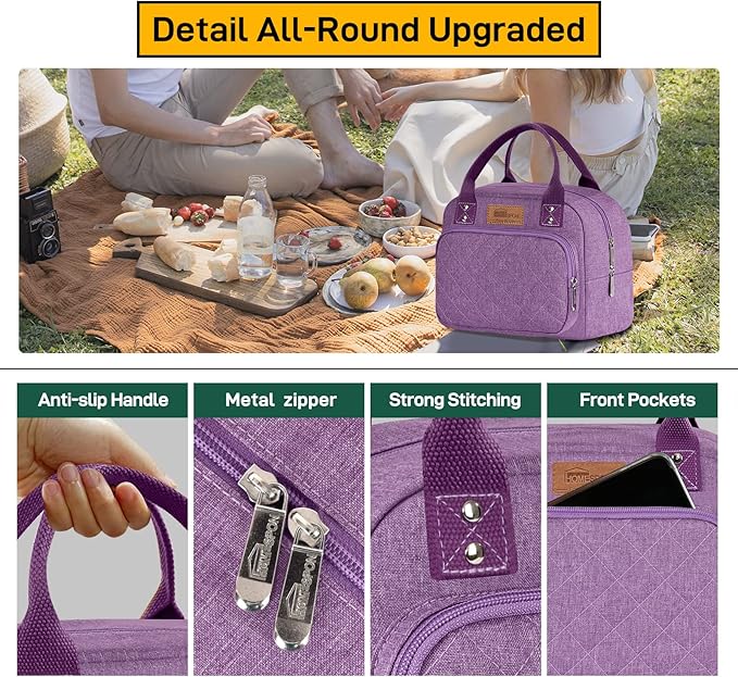 Buringer HOMESPON Lunch Bag for Woman Man Adults with Front Pocket Insulated Lunch Tote Lunch Box Container for Work Picnic or Travel(Purple)