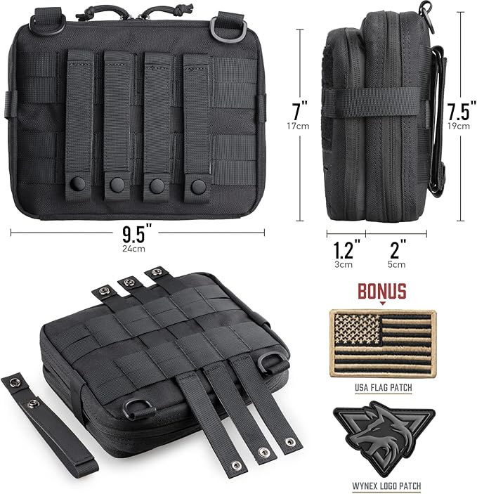 WYNEX Tactical Molle Admin Pouch of Laser Cut Design, Utility Pouches Molle Attachment Military Medical EMT Organizer with Map Pocket EDC EMT Pack IFAK Tool Holder Universal U.S.A Patch Included