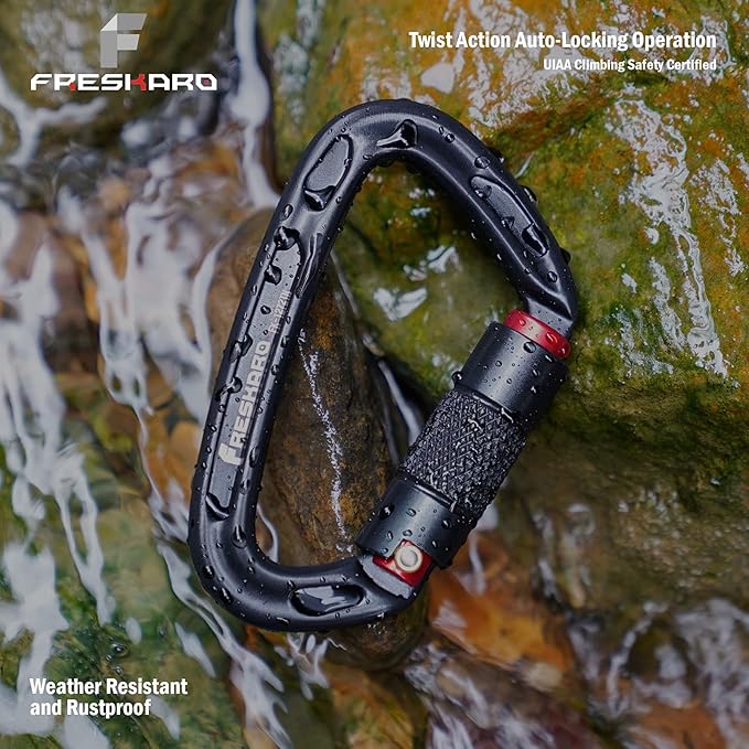 FresKaro UIAA Certified 25KN Auto Locking Climbing Carabiner Clips, Twist Lock, and Heavy Duty Carabiners for Rock Climbing, Rappelling, and Mountaineering, D Shaped 3.93 Inch, Large Size, Black