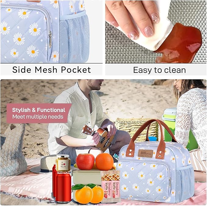 Buringer HOMESPON Lunch Bag for Woman Man Adults with Front Pocket Insulated Lunch Tote Lunch Box Container for Work Picnic or Travel(Blue Daisy)