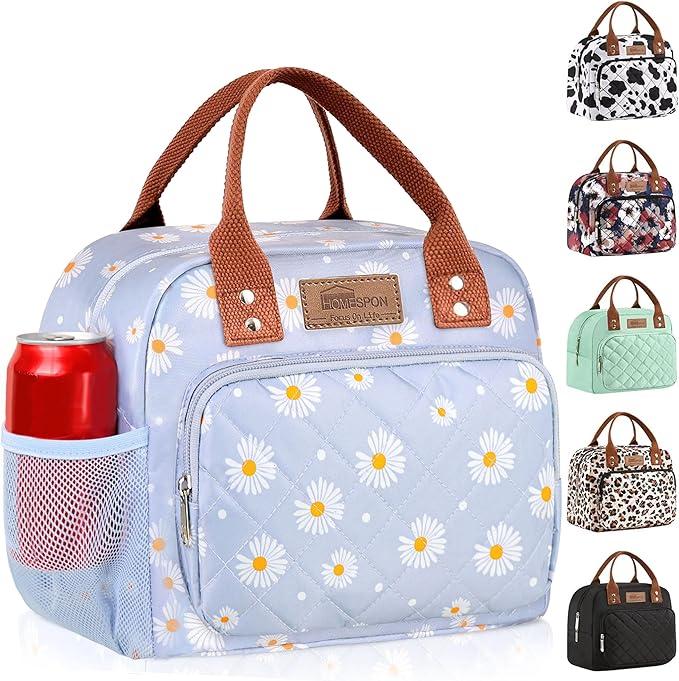 Buringer HOMESPON Lunch Bag for Woman Man Adults with Front Pocket Insulated Lunch Tote Lunch Box Container for Work Picnic or Travel(Blue Daisy)