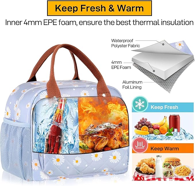 Buringer HOMESPON Lunch Bag for Woman Man Adults with Front Pocket Insulated Lunch Tote Lunch Box Container for Work Picnic or Travel(Blue Daisy)