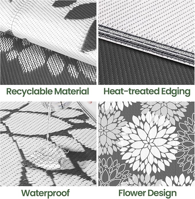 LuxStep Outdoor Rug Waterproof Outdoor Plastic Straw Rug Reversible Patio Rug Mat Outdoor Decor Large Area Mats for RV, Picnic, Backyard, Deck, Balcony, Porch, Beach, Camping, 5'x 8',Grey