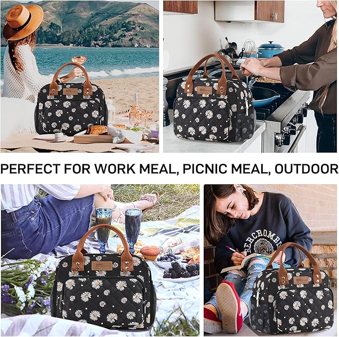 Buringer HOMESPON Lunch Bag for Woman Man Adults with Front Pocket Insulated Lunch Tote Lunch Box Container for Work Picnic or Travel(Daisy with Side Pockets)