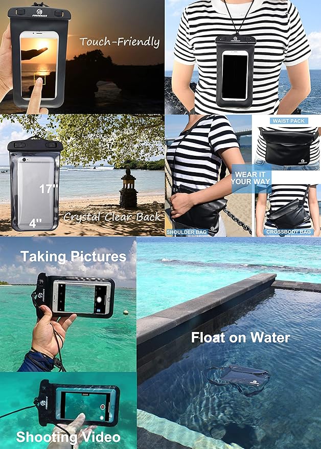Waterproof Dry Bags Set Of 3 Dry Bag With 2 Zip Lock Seals & Detachable Shoulder Strap, Waist Pouch & Phone Case - Can Be Submerged Into Water - For Swimming (Black, 5L)