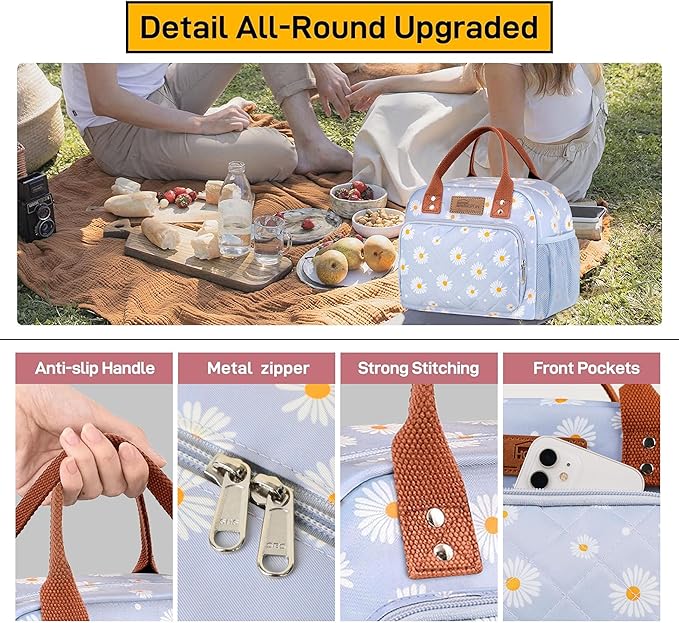 Buringer HOMESPON Lunch Bag for Woman Man Adults with Front Pocket Insulated Lunch Tote Lunch Box Container for Work Picnic or Travel(Blue Daisy)