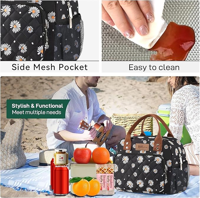 Buringer HOMESPON Lunch Bag for Woman Man Adults with Front Pocket Insulated Lunch Tote Lunch Box Container for Work Picnic or Travel(Daisy with Side Pockets)