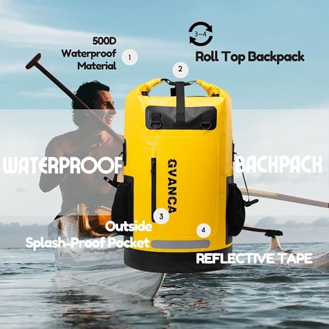 Waterproof Dry Bag Backpack for Kayaking, Roll Top Kayak Dry Backpack, Floating Outdoor Dry Sack Boating Sailing Canoeing Rafting Fishing Camping 35L Yellow