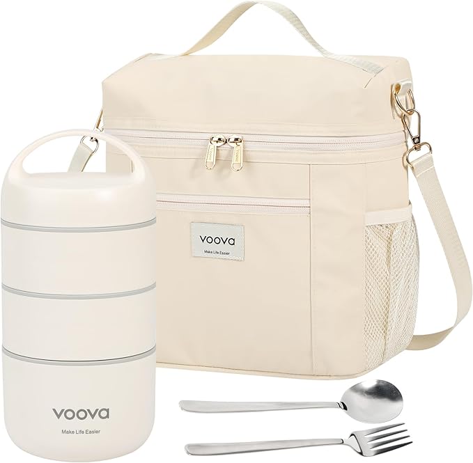 Voova Stackable Stainless Steel Thermal Lunch Box with Lunch Bag and Cultery Set for Adult Women Men, 3 Tier Leakproof All-in-One Insulated Bento Boxes Food Container for Work, Beige