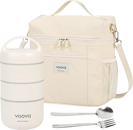 Voova Stackable Stainless Steel Thermal Lunch Box with Lunch Bag and Cultery Set for Adult Women Men, 3 Tier Leakproof All-in-One Insulated Bento Boxes Food Container for Work, Beige