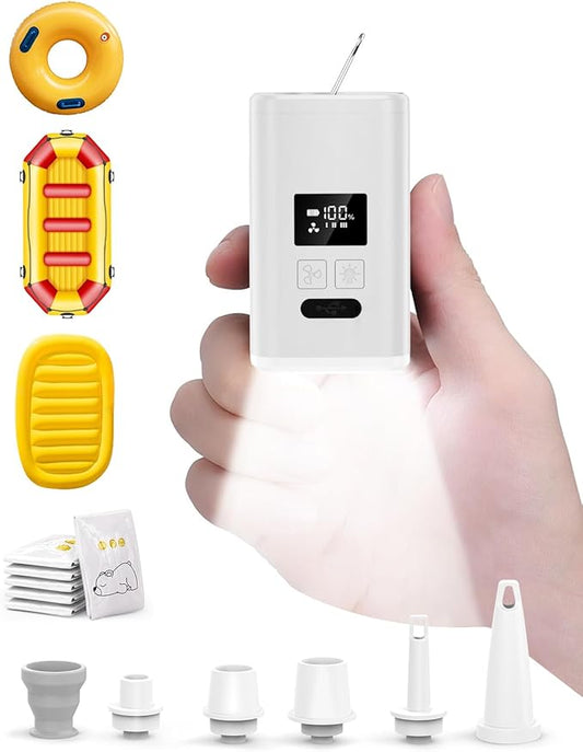 OMQ Portable Air Pump for Inflatables,Electric Air Mattress Pump with Camping Lantern & LED Display, Mini Air Pump 2X Quick Inflate Deflate for Pool Floats, Vacuum Storage Bags