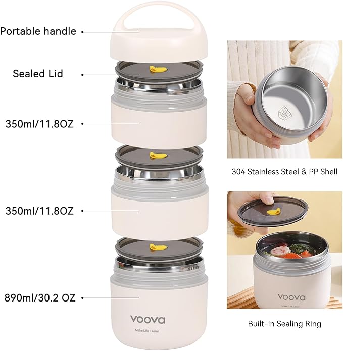Voova Stackable Stainless Steel Thermal Lunch Box with Lunch Bag and Cultery Set for Adult Women Men, 3 Tier Leakproof All-in-One Insulated Bento Boxes Food Container for Work, Beige